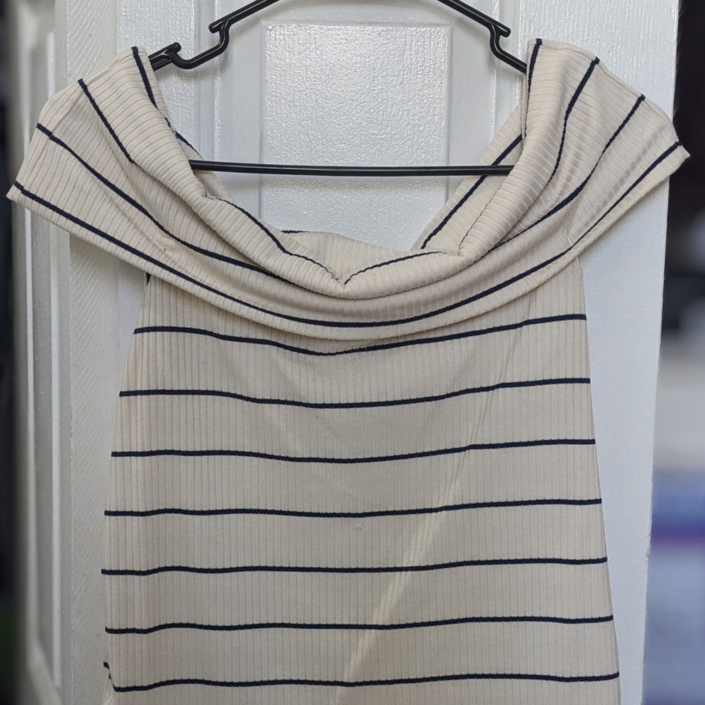 a new day Off-Shoulder Sweater - Cream and Black Stripes